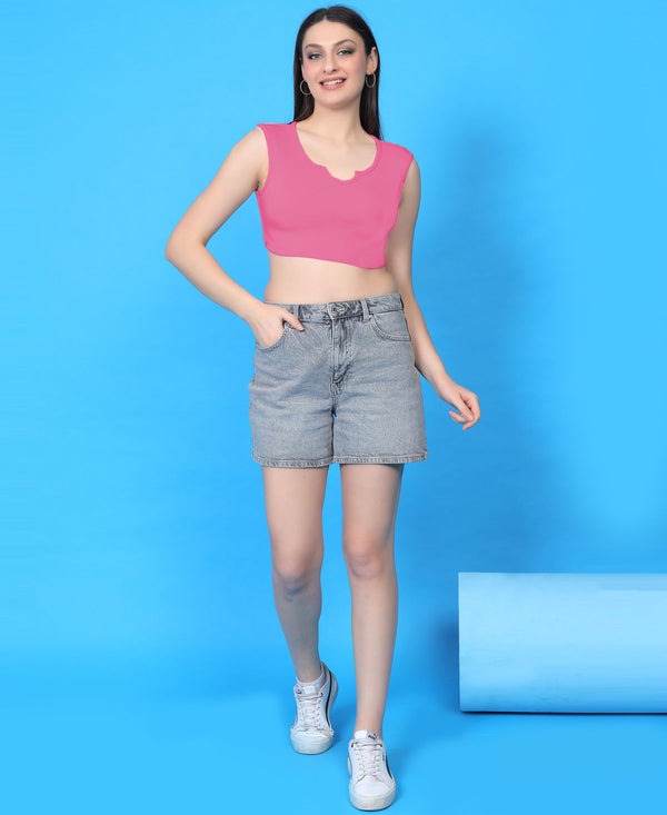 T.T. Women|Ribbed Crop Top|Sleeveless Notch Neck Slim Fit Aesthetic Streetwear Top|Stretchable Cotton Fabric|Tshirt|Top||Pink