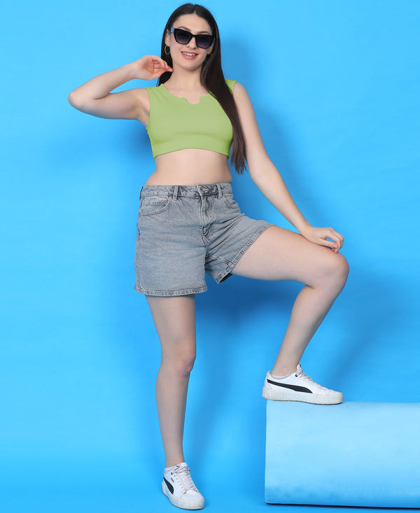 T.T. Women|Ribbed Crop Top|Sleeveless Notch Neck Slim Fit Aesthetic Streetwear Top|Stretchable Cotton Fabric|Tshirt|Top||Pista