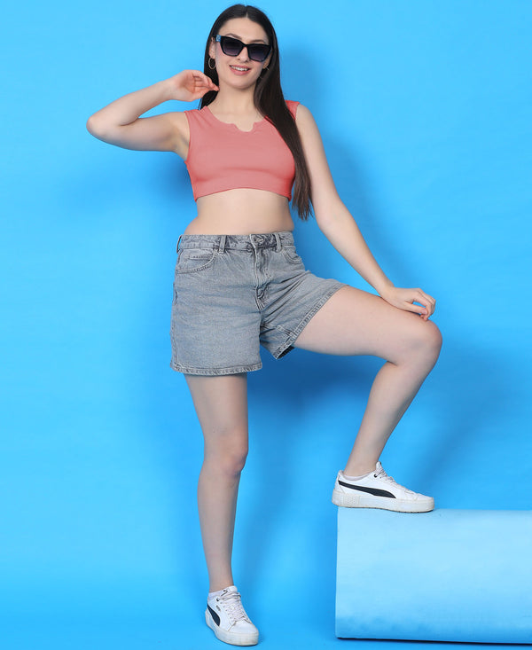 T.T. Women|Ribbed Crop Top|Sleeveless Notch Neck Slim Fit Aesthetic Streetwear Top|Stretchable Cotton Fabric|Tshirt|Top||Peach