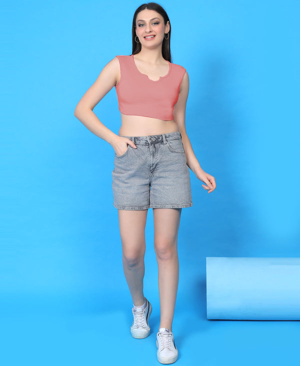 T.T. Women|Ribbed Crop Top|Sleeveless Notch Neck Slim Fit Aesthetic Streetwear Top|Stretchable Cotton Fabric|Tshirt|Top||Peach