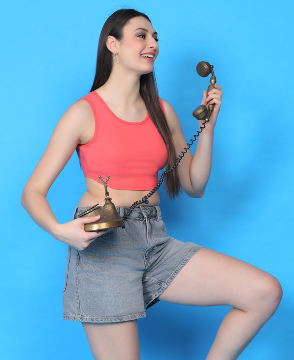 T.T. Women|Ribbed Crop Top|Sleeveless Round Neck Slim Fit Aesthetic Streetwear Top|Stretchable Cotton Fabric|Tshirt|Top||Coral