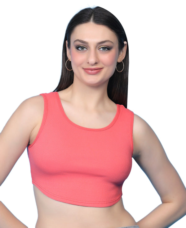 T.T. Women|Ribbed Crop Top|Sleeveless Round Neck Slim Fit Aesthetic Streetwear Top|Stretchable Cotton Fabric|Tshirt|Top||Coral