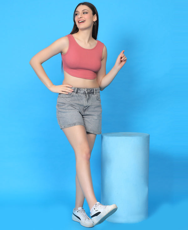 T.T. Women|Ribbed Crop Top|Sleeveless Round Neck Slim Fit Aesthetic Streetwear Top|Stretchable Cotton Fabric|Tshirt|Top||Apricot