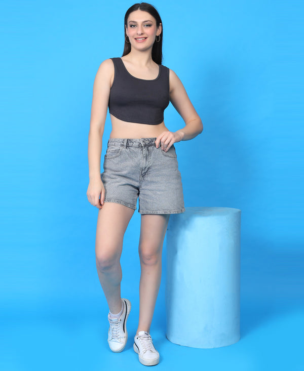 T.T. Women|Ribbed Crop Top|Sleeveless Round Neck Slim Fit Aesthetic Streetwear Top|Stretchable Cotton Fabric|Tshirt|Top||D.Grey