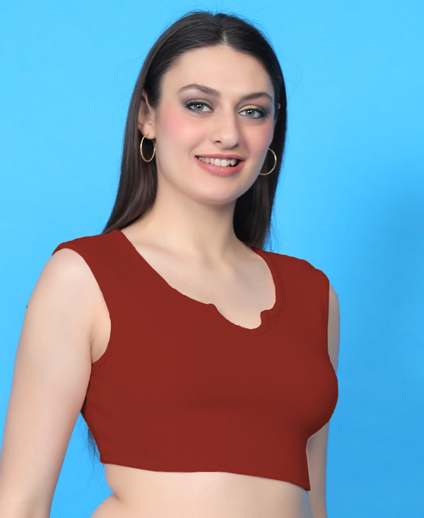 T.T. Women|Ribbed Crop Top|Sleeveless Notch Neck Slim Fit Aesthetic Streetwear Top|Stretchable Cotton Fabric|Tshirt|Top||Rust