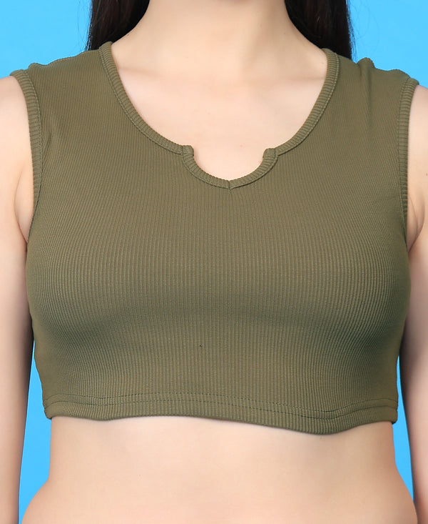 T.T. Women|Ribbed Crop Top|Sleeveless Notch Neck Slim Fit Aesthetic Streetwear Top|Stretchable Cotton Fabric|Tshirt|Top||Olive