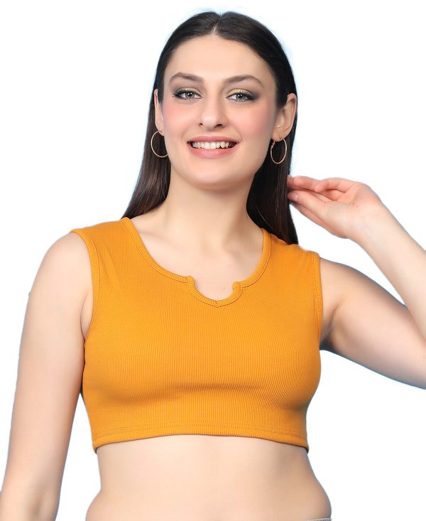 T.T. Women|Ribbed Crop Top|Sleeveless Notch Neck Slim Fit Aesthetic Streetwear Top|Stretchable Cotton Fabric|Tshirt|Top||Mustard