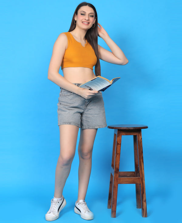 T.T. Women|Ribbed Crop Top|Sleeveless Notch Neck Slim Fit Aesthetic Streetwear Top|Stretchable Cotton Fabric|Tshirt|Top||Mustard