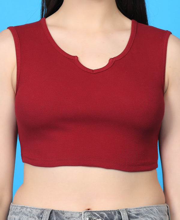 T.T. Women|Ribbed Crop Top|Sleeveless Notch Neck Slim Fit Aesthetic Streetwear Top|Stretchable Cotton Fabric|Tshirt|Top||Maroon