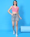 T.T. Women|Ribbed Crop Top|Sleeveless Notch Neck Slim Fit Aesthetic Streetwear Top|Stretchable Cotton Fabric|Tshirt|Top||L.Pink