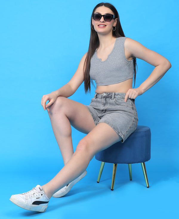 T.T. Women|Ribbed Crop Top|Sleeveless Notch Neck Slim Fit Aesthetic Streetwear Top|Stretchable Cotton Fabric|Tshirt|Top||Grey
