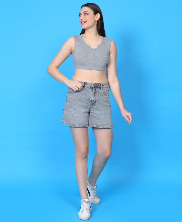 T.T. Women|Ribbed Crop Top|Sleeveless Notch Neck Slim Fit Aesthetic Streetwear Top|Stretchable Cotton Fabric|Tshirt|Top||Grey