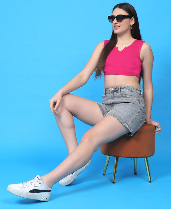 T.T. Women|Ribbed Crop Top|Sleeveless Notch Neck Slim Fit Aesthetic Streetwear Top|Stretchable Cotton Fabric|Tshirt|Top||Fuchsia