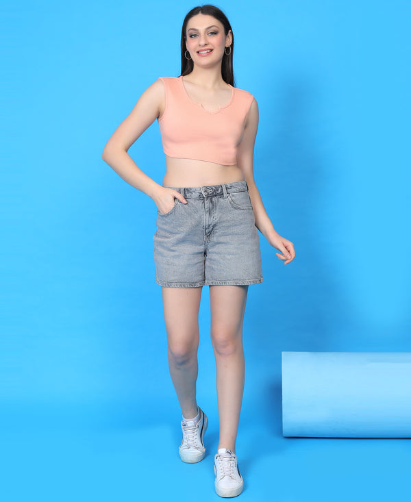 T.T. Women|Ribbed Crop Top|Sleeveless Notch Neck Slim Fit Aesthetic Streetwear Top|Stretchable Cotton Fabric|Tshirt|Top||Cream