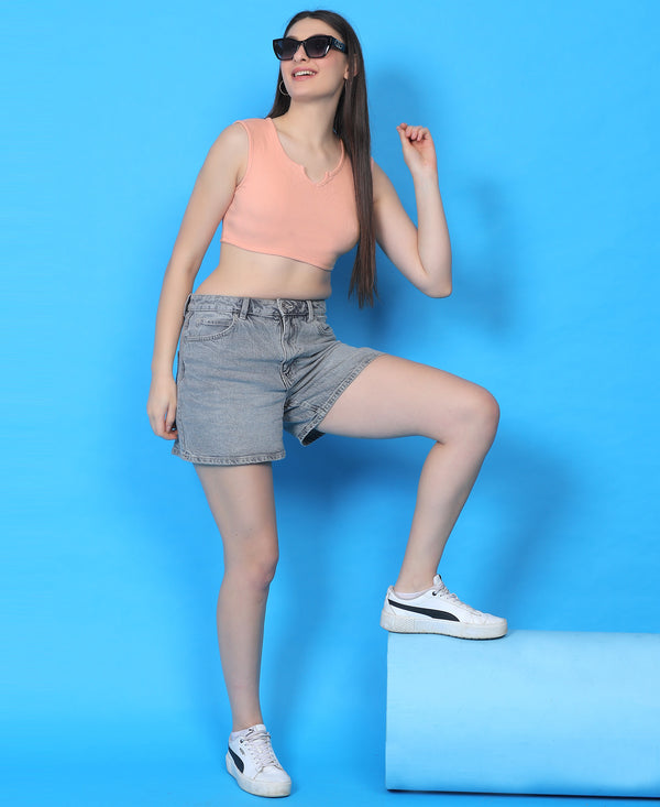 T.T. Women|Ribbed Crop Top|Sleeveless Notch Neck Slim Fit Aesthetic Streetwear Top|Stretchable Cotton Fabric|Tshirt|Top||Cream