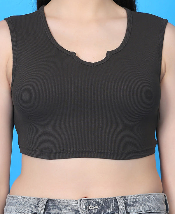 T.T. Women|Ribbed Crop Top|Sleeveless Notch Neck Slim Fit Aesthetic Streetwear Top|Stretchable Cotton Fabric|Tshirt|Top||D.Grey