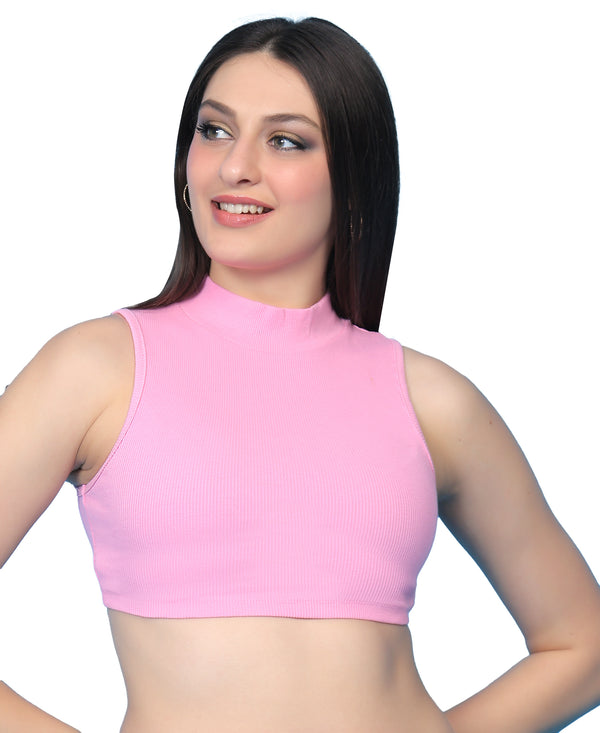 T.T. Women|Ribbed Crop Top|Sleeveless High Neck Slim Fit Aesthetic Streetwear Top|Stretchable Cotton Fabric|Tshirt|Top||Pink
