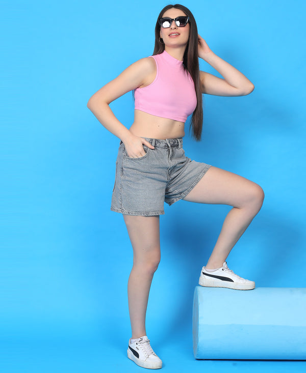T.T. Women|Ribbed Crop Top|Sleeveless High Neck Slim Fit Aesthetic Streetwear Top|Stretchable Cotton Fabric|Tshirt|Top||Pink