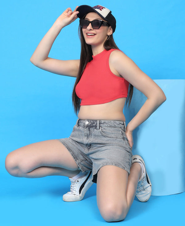 T.T. Women|Ribbed Crop Top|Sleeveless High Neck Slim Fit Aesthetic Streetwear Top|Stretchable Cotton Fabric|Tshirt|Top||Coral