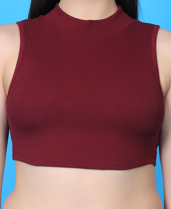 T.T. Women|Ribbed Crop Top|Sleeveless High Neck Slim Fit Aesthetic Streetwear Top|Stretchable Cotton Fabric|Tshirt|Top||Maroon
