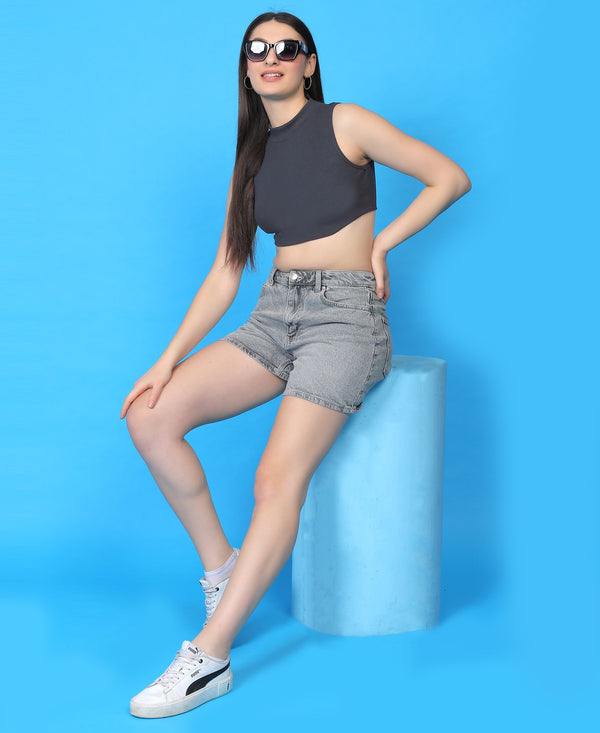 T.T. Women|Ribbed Crop Top|Sleeveless High Neck Slim Fit Aesthetic Streetwear Top|Stretchable Cotton Fabric|Tshirt|Top||D.Grey