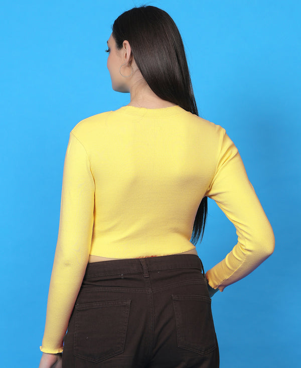 T.T. Women|Stylish Crop Top|Ribbed Slim Fit Full Sleeve Round Neck Trendy Casual Wear Top|Stretchable Cotton Fabric|Tshirt|Top||Yellow