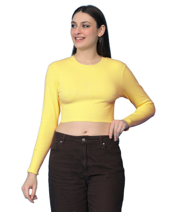 T.T. Women|Stylish Crop Top|Ribbed Slim Fit Full Sleeve Round Neck Trendy Casual Wear Top|Stretchable Cotton Fabric|Tshirt|Top||Yellow