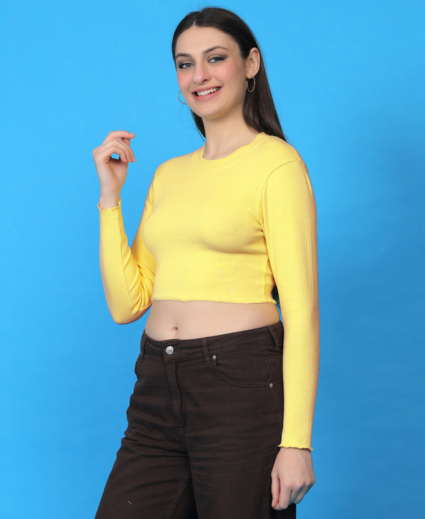 T.T. Women|Stylish Crop Top|Ribbed Slim Fit Full Sleeve Round Neck Trendy Casual Wear Top|Stretchable Cotton Fabric|Tshirt|Top||Yellow