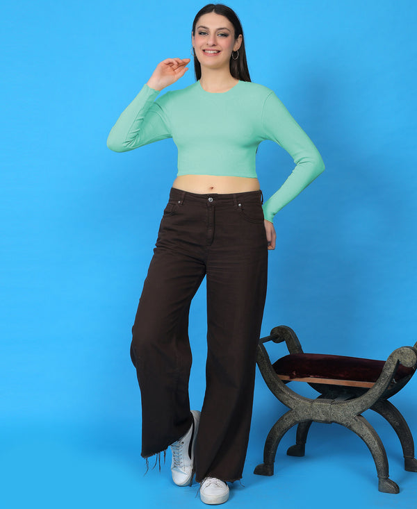 T.T. Women|Stylish Crop Top|Ribbed Slim Fit Full Sleeve Round Neck Trendy Casual Wear Top|Stretchable Cotton Fabric|Tshirt|Top||Tealblue