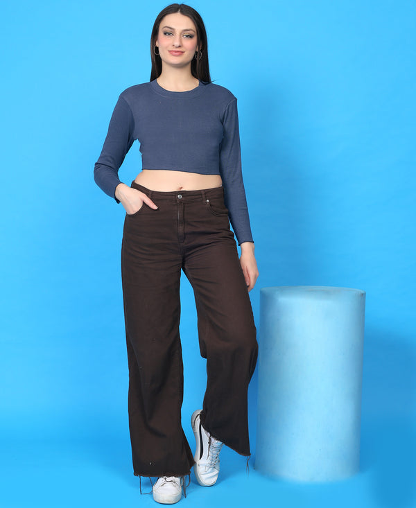 T.T. Women|Stylish Crop Top|Ribbed Slim Fit Full Sleeve Round Neck Trendy Casual Wear Top|Stretchable Cotton Fabric|Tshirt|Top||Royal Blue