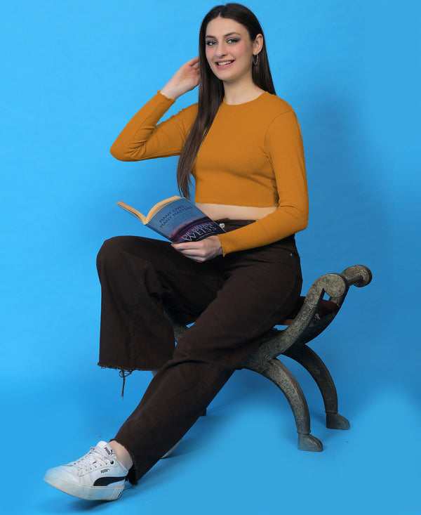 T.T. Women|Stylish Crop Top|Ribbed Slim Fit Full Sleeve Round Neck Trendy Casual Wear Top|Stretchable Cotton Fabric|Tshirt|Top||Mustard