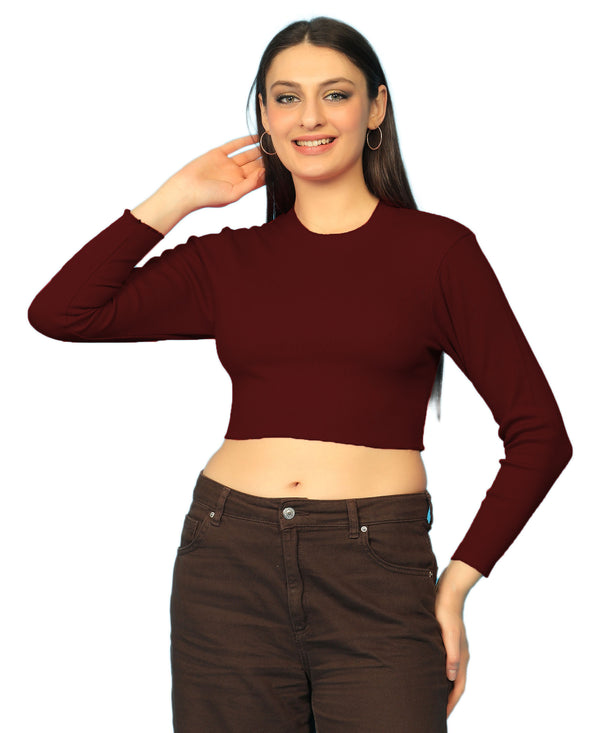 T.T. Women|Stylish Crop Top|Ribbed Slim Fit Full Sleeve Round Neck Trendy Casual Wear Top|Stretchable Cotton Fabric|Tshirt|Top||Maroon