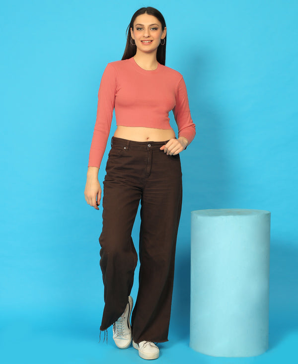 T.T. Women|Stylish Crop Top|Ribbed Slim Fit Full Sleeve Round Neck Trendy Casual Wear Top|Stretchable Cotton Fabric|Tshirt|Top||Light Pink