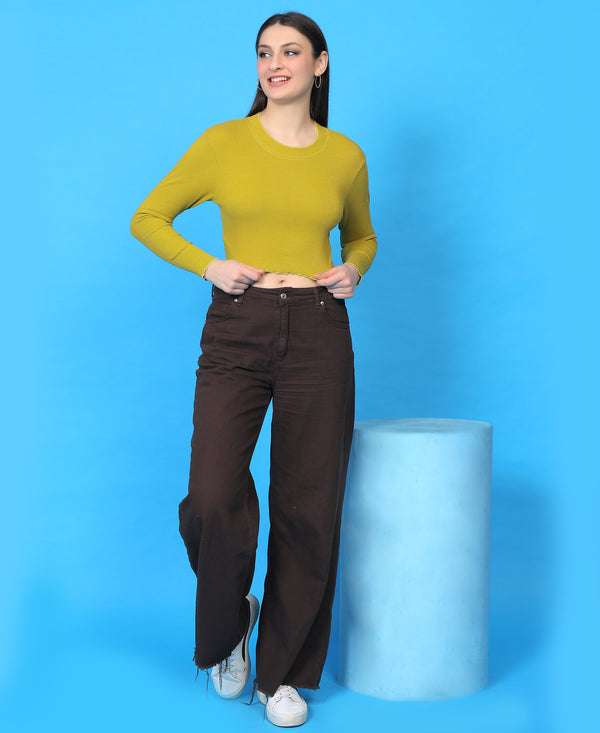 T.T. Women|Stylish Crop Top|Ribbed Slim Fit Full Sleeve Round Neck Trendy Casual Wear Top|Stretchable Cotton Fabric|Tshirt|Top||Light Green