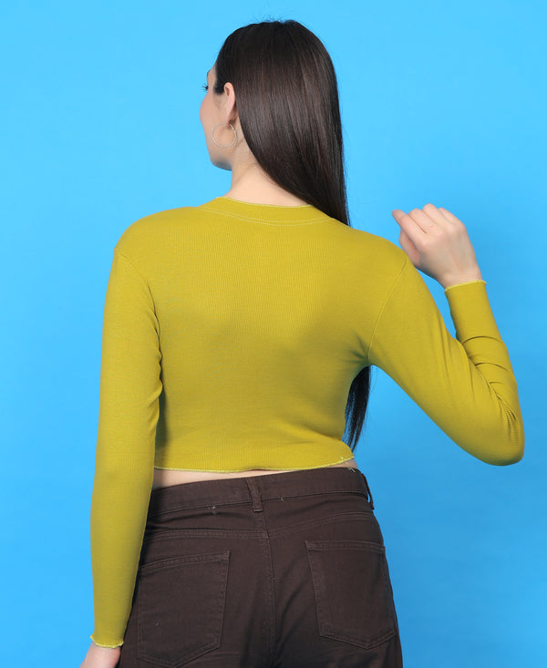 T.T. Women|Stylish Crop Top|Ribbed Slim Fit Full Sleeve Round Neck Trendy Casual Wear Top|Stretchable Cotton Fabric|Tshirt|Top||Light Green