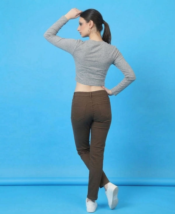 T.T. Women|Stylish Crop Top|Ribbed Slim Fit Full Sleeve Round Neck Trendy Casual Wear Top|Stretchable Cotton Fabric|Tshirt|Top||Grey Melange