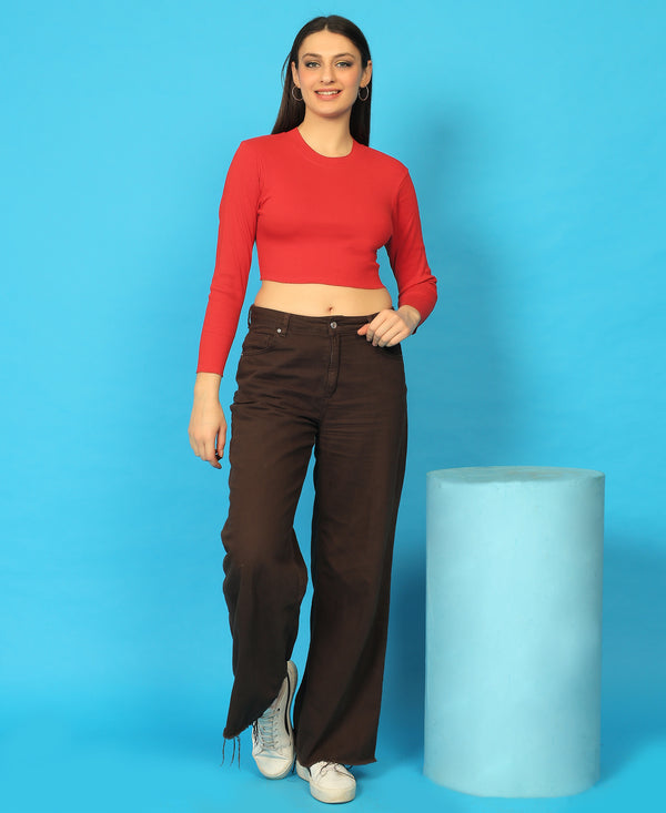 T.T. Women|Stylish Crop Top|Ribbed Slim Fit Full Sleeve Round Neck Trendy Casual Wear Top|Stretchable Cotton Fabric|Tshirt|Top||Red
