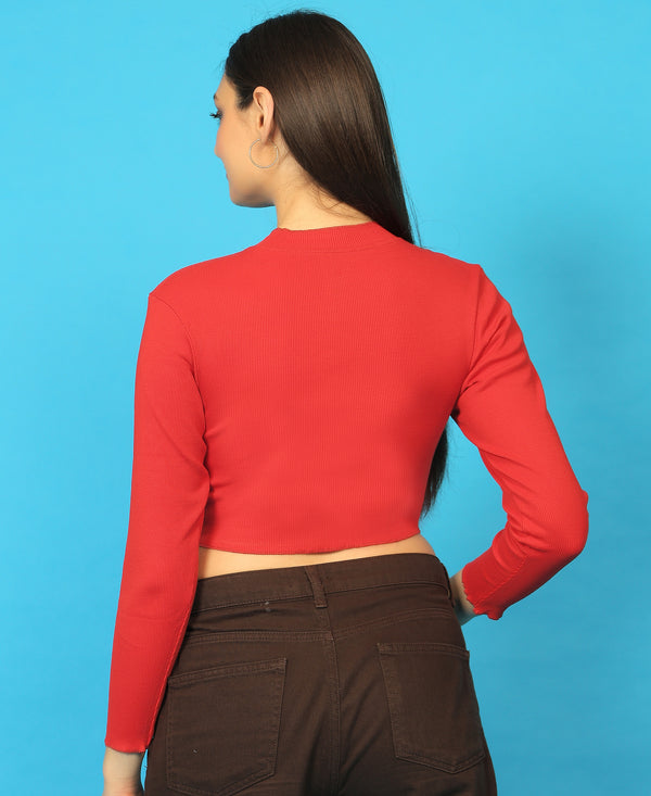 T.T. Women|Stylish Crop Top|Ribbed Slim Fit Full Sleeve Round Neck Trendy Casual Wear Top|Stretchable Cotton Fabric|Tshirt|Top||Red