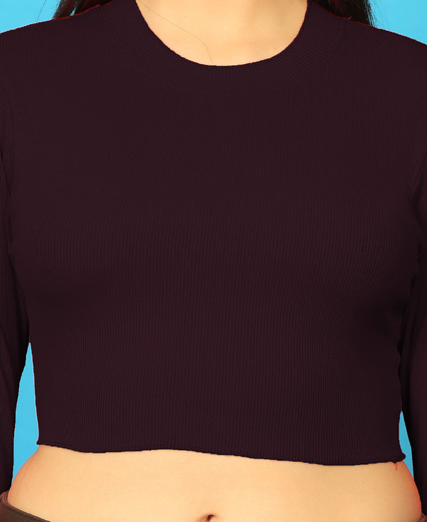 T.T. Women|Stylish Crop Top|Ribbed Slim Fit Full Sleeve Round Neck Trendy Casual Wear Top|Stretchable Cotton Fabric|Tshirt|Top||Plum
