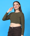 T.T. Women|Stylish Crop Top|Ribbed Slim Fit Full Sleeve Round Neck Trendy Casual Wear Top|Stretchable Cotton Fabric|Tshirt|Top||Olive
