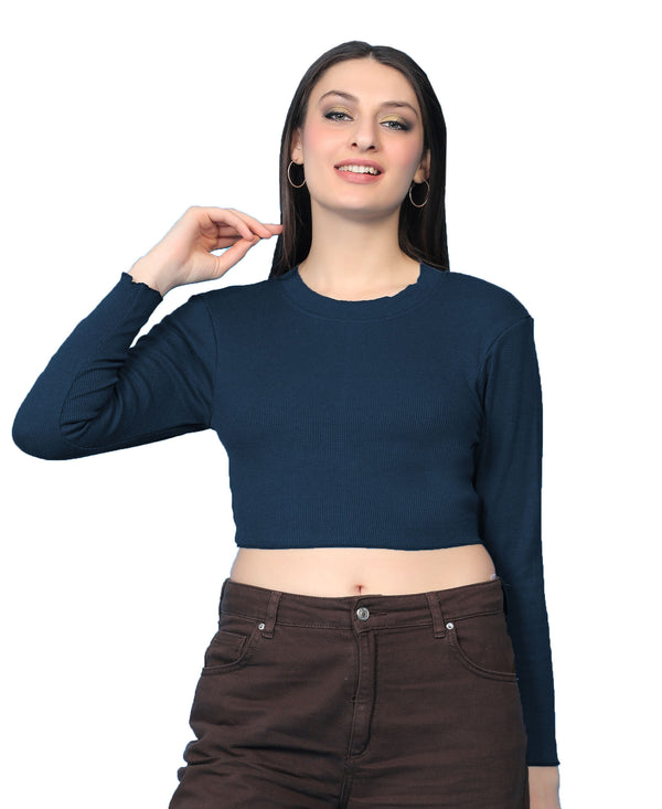 T.T. Women|Stylish Crop Top|Ribbed Slim Fit Full Sleeve Round Neck Trendy Casual Wear Top|Stretchable Cotton Fabric|Tshirt|Top||Denim