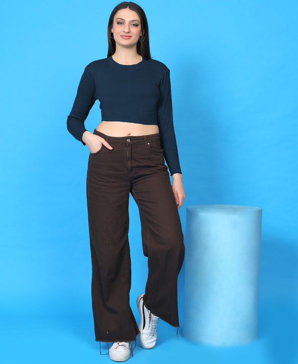T.T. Women|Stylish Crop Top|Ribbed Slim Fit Full Sleeve Round Neck Trendy Casual Wear Top|Stretchable Cotton Fabric|Tshirt|Top||Denim