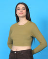 T.T. Women|Stylish Crop Top|Ribbed Slim Fit Full Sleeve Round Neck Trendy Casual Wear Top|Stretchable Cotton Fabric|Tshirt|Top||Dark Green