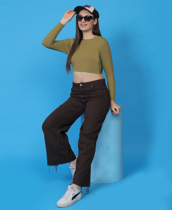 T.T. Women|Stylish Crop Top|Ribbed Slim Fit Full Sleeve Round Neck Trendy Casual Wear Top|Stretchable Cotton Fabric|Tshirt|Top||Dark Green