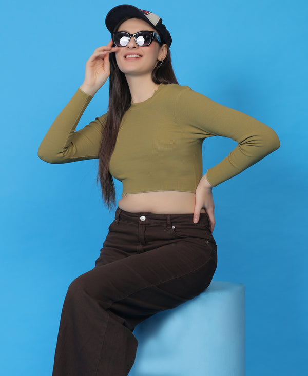 T.T. Women|Stylish Crop Top|Ribbed Slim Fit Full Sleeve Round Neck Trendy Casual Wear Top|Stretchable Cotton Fabric|Tshirt|Top||Dark Green