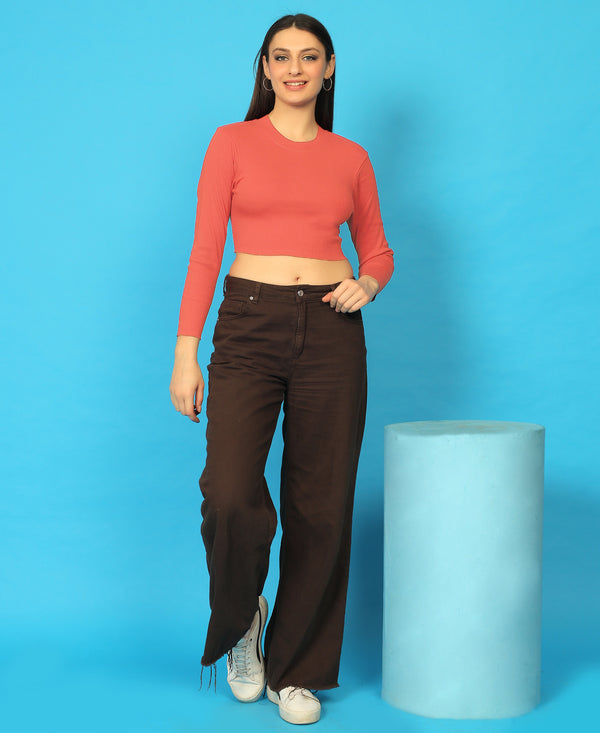 T.T. Women|Stylish Crop Top|Ribbed Slim Fit Full Sleeve Round Neck Trendy Casual Wear Top|Stretchable Cotton Fabric|Tshirt|Top||Coral