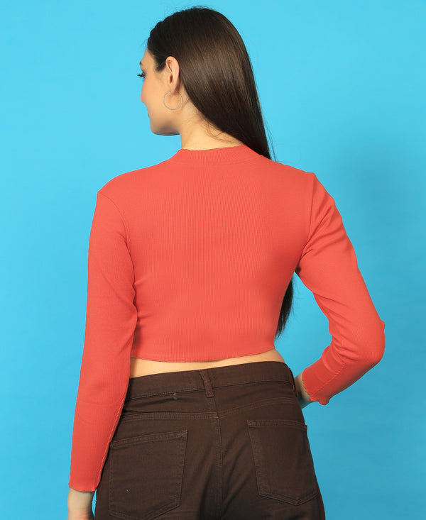 T.T. Women|Stylish Crop Top|Ribbed Slim Fit Full Sleeve Round Neck Trendy Casual Wear Top|Stretchable Cotton Fabric|Tshirt|Top||Coral