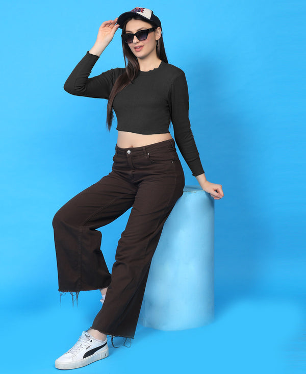 T.T. Women|Stylish Crop Top|Ribbed Slim Fit Full Sleeve Round Neck Trendy Casual Wear Top|Stretchable Cotton Fabric|Tshirt|Top||D.Grey