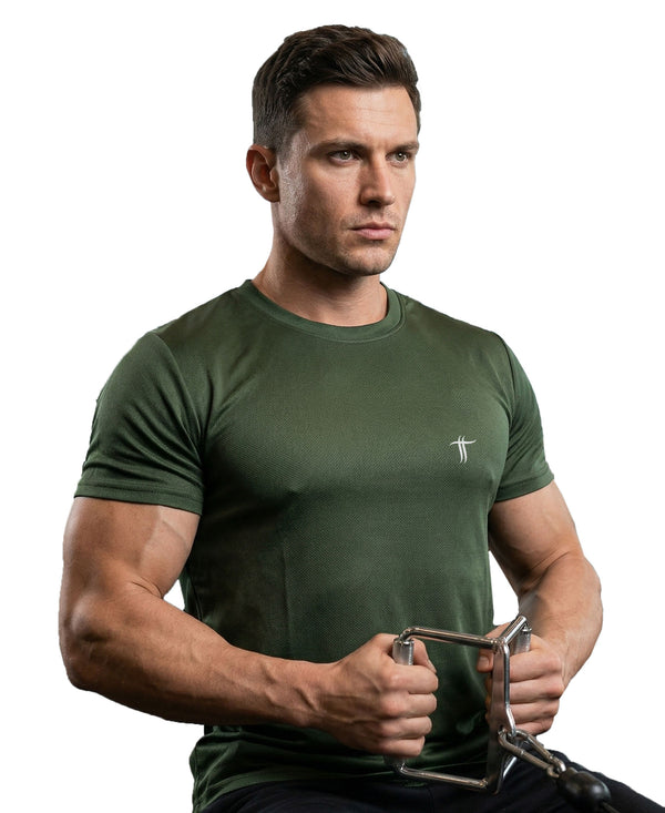 T.T. Men Dri-Fit Polyester Dot- Knit Fabric Round Neck Tees Olive