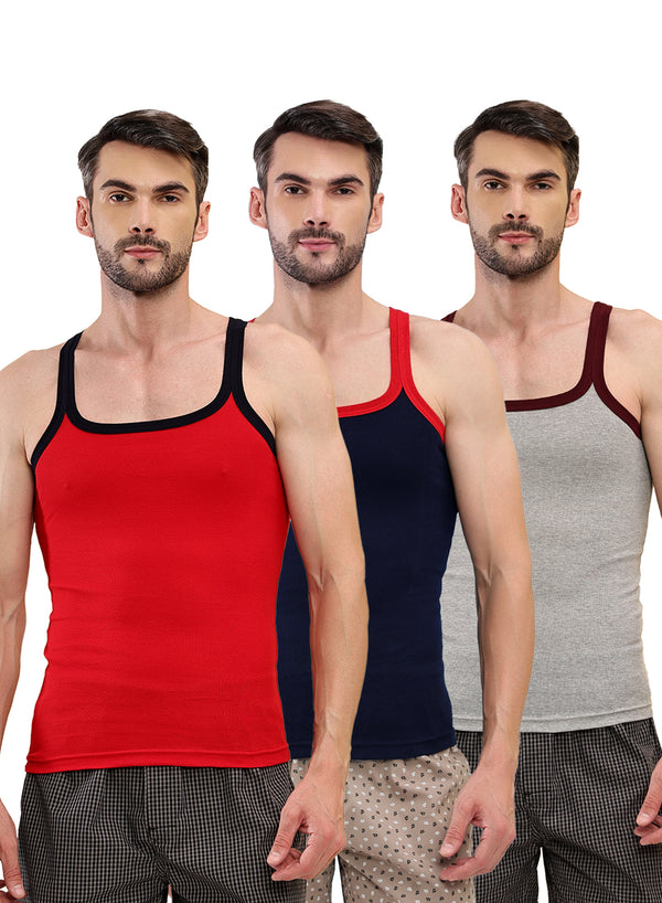 T.T. Men|Desire Premium|Pure Cotton|Rib Gym Vest|Breathable, Soft & Stretchable Innerwear For Men | Gym, Sports & Daily Wear|Pack Of 3|Grey,Navy,Red